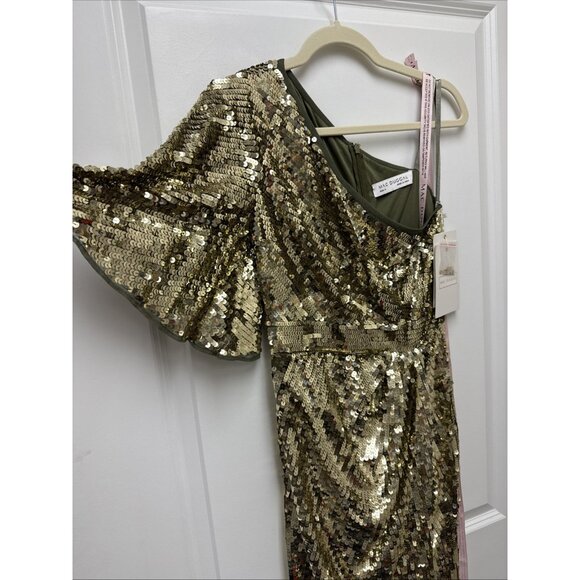 Mac Duggal Size 4 Gold Green 93540 One-Shoulder Sequin Formal Gown Maxi Dress - Picture 6 of 13